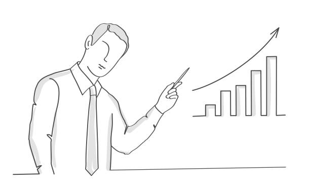 Business man pointing at growth graph. Business man pointing at growth graph. Line drawing vector illustration. businessman drawings stock illustrations