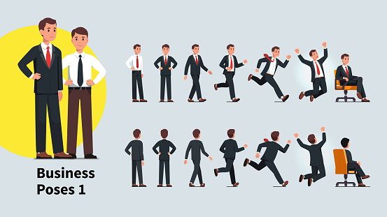 Business man poses and actions set. Front and back views of business person collection. Businessman standing, walking, running, celebrating success, sitting in office chair. Flat vector character illustration