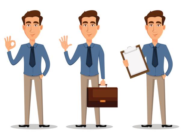 Business man, set of 3 poses isolated on white background. Showing ok sigh, greeting and with clipboard - stock vector Business man, set of 3 poses isolated on white background. Showing ok sigh, greeting and with clipboard - stock vector teacher clipart stock illustrations
