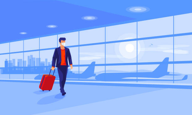 Business man traveler wiht face mask  walking at empty airport gate terminal Lonely business man traveler wearing face mask with luggage walking at empty airport gate terminal lounge traveling during pandemic outbreak. Airplanes behind glass window with city skyline sunset. airport stock illustrations