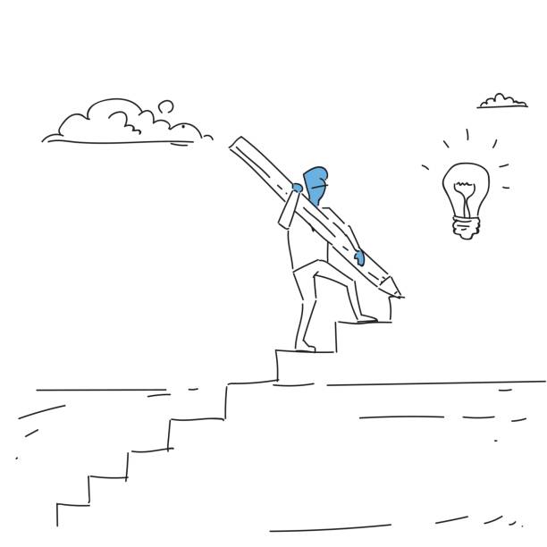 ilustrações de stock, clip art, desenhos animados e ícones de business man walking on stairs up to light bulb new idea for startup concept - braga
