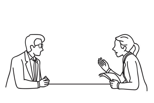Business man woman discussing Vector illustration character of businessman and businesswoman at table, making discussion, presentation, planning, cooperation. Outline, linear, contour, thin line art, doodle, hand drawn sketch design. recruitment drawings stock illustrations
