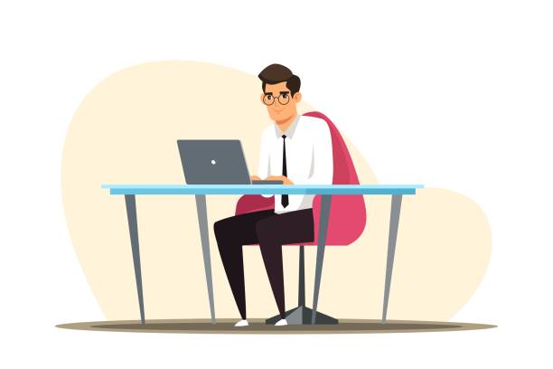 Business man working on laptop at office character cartoon vector illustration. Guy sitting at desk on computer, corporate job. Happy worker, young businessman, workspace employee Business man working on laptop at office character cartoon vector illustration. Guy sitting at desk on computer, corporate job. Happy worker, young businessman, workspace employee. entrepreneur clipart stock illustrations