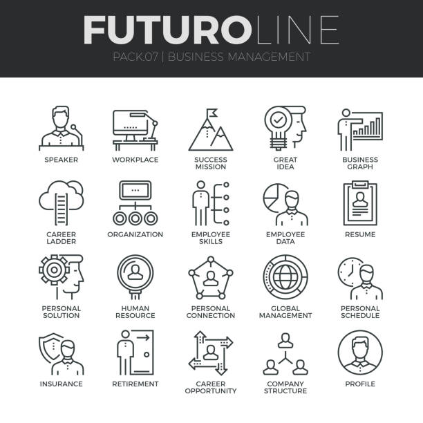Business Management Futuro Line Icons Set Modern thin line icons set of business people management, employee organization. Premium quality outline symbol collection. Simple mono linear pictogram pack. Stroke vector symbol concept for web graphics. recruitment clipart stock illustrations
