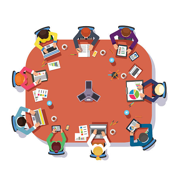 Business meeting over a big conference desk Business meeting over a big conference desk. Startup company people working together. Flat style vector illustration. board of directors stock illustrations