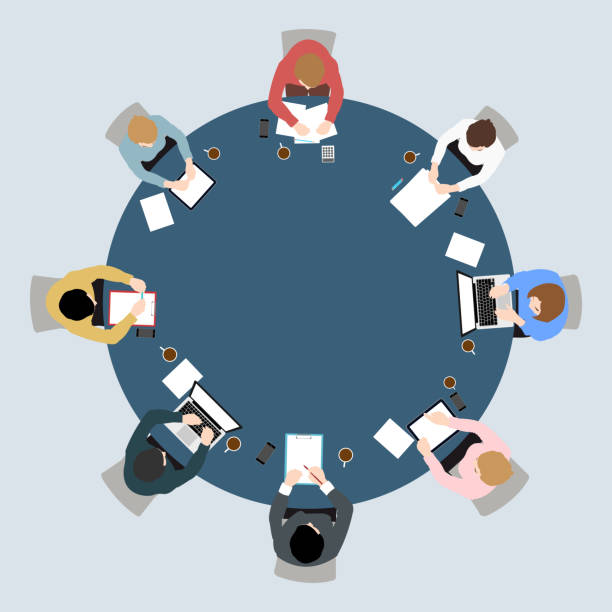 ilustrações, clipart, desenhos animados e ícones de reunião de negócios vista superior na equipe de escritório de conferência de mesa de círculo . - meeting