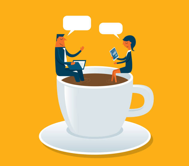 Business meeting Businessman and Businesswoman sitting on cup - Illustration coffee break stock illustrations