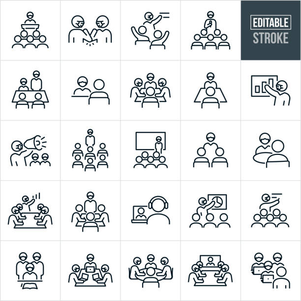 Business Meetings And Mask Wearing Thin Line Icons - Editable Stroke A set of business meetings and seminars icons that include editable strokes or outlines using the EPS vector file. The icons include all types of meetings, conventions and seminars and include a business person giving a speech while wearing a face mask to a group of employees, business people wearing masks and doing an elbow bump, a person with microphone in hand delivering a speech to a group of people while wearing a face mask, a boardroom with business people having a business meeting all of which are wearing face masks, two people in a boardroom having a small business meeting and wearing face masks, a business person giving a presentation while wearing a face mask, a business manager speaking to his employees using a bullhorn and wearing a face mask, a business person in front of a screen delivering a presentation at a convention while wearing a face mask, two business people having a meeting while out to lunch and wearing face masks, a video conference meeting with many in attendance and each wearing face masks, a business meeting using telecommunications, business people meeting in a boardroom with their laptops and wearing face masks and other related icons. face to face stock illustrations