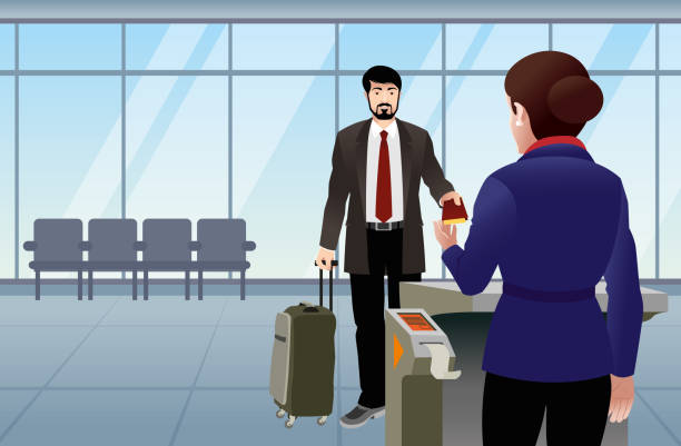 ilustrações de stock, clip art, desenhos animados e ícones de business men checking in at the airport - airport lounge business