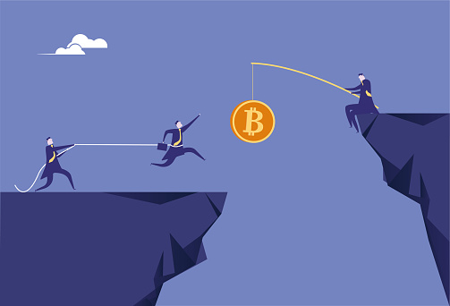 Business men hold people who are lured by Bitcoin and fall into the cliff