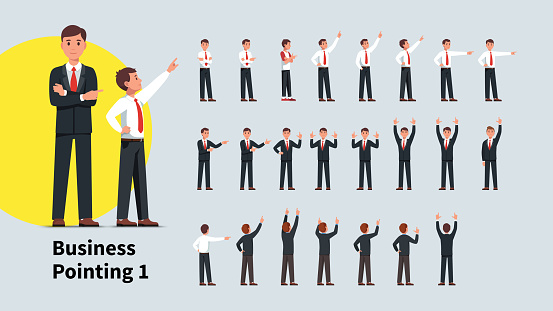 Business men pointing index finger in different directions set. Front and back views of gesturing businessman person. Businessman standing, pointing aside, up with one and both hands. Flat vector character illustration