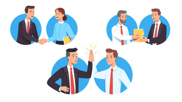 Business men, woman workers greeting each other making deal set. Partners people shaking hands, giving high five. Senior businessman handing documents to successor. Flat vector character illustration Business men, woman workers greeting each other making deal set. Partners people shaking hands, giving high five. Senior businessman handing documents to successor. Flat style vector character isolated illustration business relationship stock illustrations