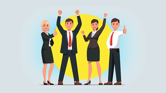 Business men & women managers team celebrating success achievement. People group standing together raising pumping clenched fists and showing thumbs up gestures. Flat isolated vector character illustration