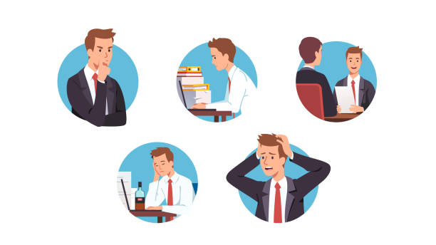 Business men workers succeeding or having problems at work in office set. People thinking, working on laptop computer, getting job, procrastinating & having stress. Career. Flat vector illustration Business men workers succeeding or having problems at work in office set. People thinking, working on laptop computer, getting job, procrastinating & having stress. Career. Flat style vector isolated illustration entrepreneur clipart stock illustrations