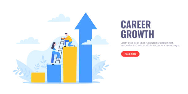 Business mentor helps to improve career and holding stairs steps vector illustration. Business mentor helps to improve career and holding stairs steps vector illustration. Mentorship, upskills, climb help and self development strategy flat style design business concept. growth stock illustrations