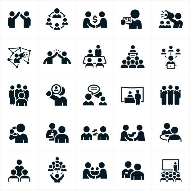 Business Networking Icons A set of business networking icons. The icons show several different instances of business people networking with other business people. entrepreneur icons stock illustrations