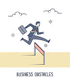 Abstract and symbolic presentation. Business obstacles. Business people jumping over obstacle. Outline vector illustration.