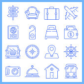 Modern business of travel and tourism blueprint style concept outline symbols. Line vector icon sets for infographics and web designs.