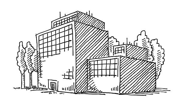 Business Office Building Drawing Hand-drawn vector drawing of a Business Office Building. Digital Drawing on a Boogie Board Sync. Black-and-White sketch on a transparent background (.eps-file). Included files are EPS (v10) and Hi-Res JPG. plant drawings stock illustrations