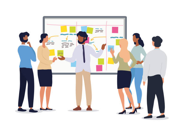 Business or team leader holding a meeting Business or team leader holding a meeting with his team discussing a chart with a group of diverse people, colored vector illustration lead meetings stock illustrations