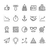 20 Business icons / Set #43
Designed in 64x64 px grid, outline stroke 2 px.

First row of icons contains:
Thumbs Up, Necktie and White collar, Capitol Building - Washington DC, Newspaper, Financial Building;

Second row contains:
Graph Down, Stopwatch, Anchor, Handshake icon, Graph Up;

Third row contains:
Chess Knight, Maze icon, Pie Chart, Eyeglasses and Mustache, Sports Target; 

Fourth row contains:
Paper Airplane, Light bulb (Idea icon), Strategy, Maslow Pyramid, Growing Arrows.

Complete Unico PRO collection - https://www.istockphoto.com/collaboration/boards/dB-NuEl7GUGbQYmVq9IlDg