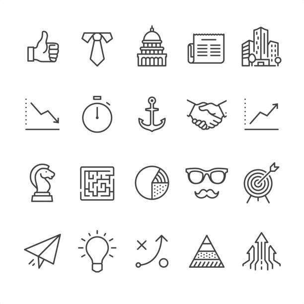 Business - outline style icons 20 Business icons / Set #43
Designed in 64x64 px grid, outline stroke 2 px.

First row of icons contains:
Thumbs Up, Necktie and White collar, Capitol Building - Washington DC, Newspaper, Financial Building;

Second row contains:
Graph Down, Stopwatch, Anchor, Handshake icon, Graph Up;

Third row contains:
Chess Knight, Maze icon, Pie Chart, Eyeglasses and Mustache, Sports Target; 

Fourth row contains:
Paper Airplane, Light bulb (Idea icon), Strategy, Maslow Pyramid, Growing Arrows.

Complete Unico PRO collection - https://www.istockphoto.com/collaboration/boards/dB-NuEl7GUGbQYmVq9IlDg maze icons stock illustrations