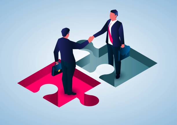 Business partner cooperation concept, two businessmen stand inside the puzzle and shake hands vector art illustration