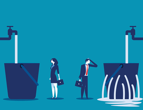 Business people and leaking bucket. Contrast between business. Vector illustration.