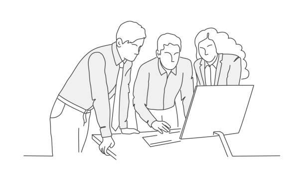 Business people are standing and looking at the computer. Business people are standing and looking at the computer. Hand drawn vector illustration. meeting drawings stock illustrations