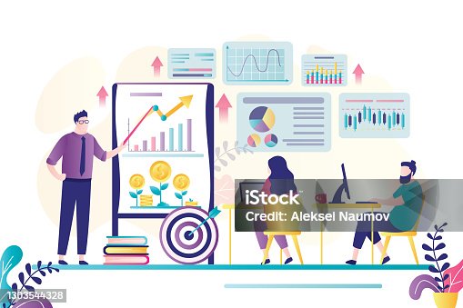 istock Business people at courses for traders or financiers. Online education training for office workers. Boosting financial literacy. 1303544328