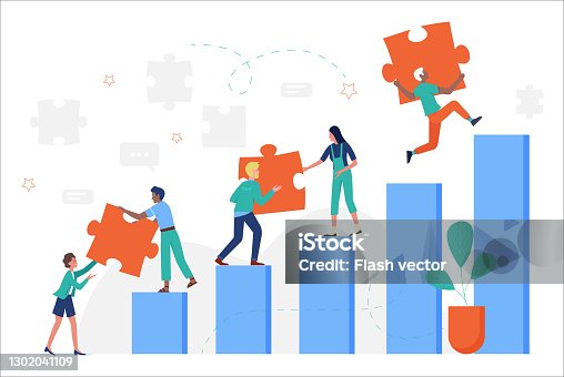 istock Business people climbing up stairs, holding puzzle jigsaw pieces to achieve goals 1302041109