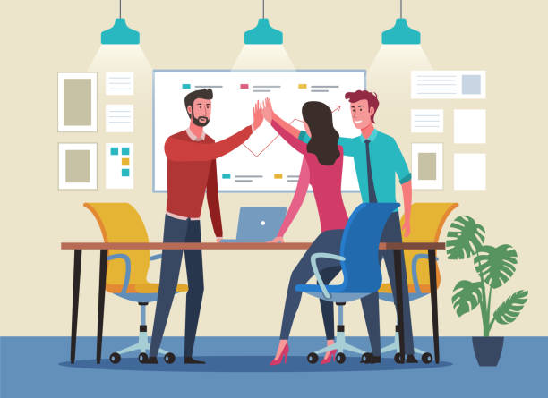 Business people giving high five. Successful teamwork in workplace Illustration of business people working be happy stock illustrations