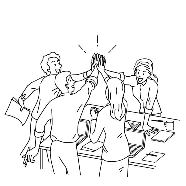 Business people giving high five Group of businesspeople, man and woman, giving high five in business concept of corporate, success, congratulation. Outline, linear, thin line art, hand drawn sketch design. teamwork drawings stock illustrations