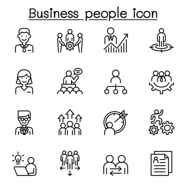 illustrations, cliparts, dessins animés et icônes de icône de personnes d’affaires réglée dans le modèle mince de ligne - réunion de travail