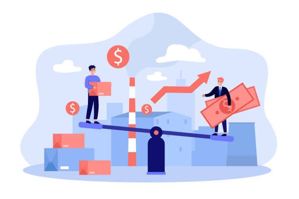 Business people investing money in local factory Business people investing money in local factory with growing economy. Investors balancing on seesaw with cash and credit card. Vector illustration for finance, microeconomics, cooperation concept small business stock illustrations