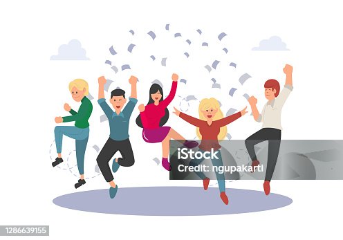 istock Business people jumping celebrating victory isolated image on a white background. Happy and joyful people cartoon character. Teamwork and cooperation concept. Vector illustration of a flat design 1286639155