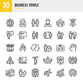 Business People - linear vector icon set. Set of 30 line icon. Pixel perfect. Outline stroke expanded. The set contains icons such as People, Teamwork, Partnership, Presentation, Leadership, Growth, Manager, Success, Partnership and so on.
