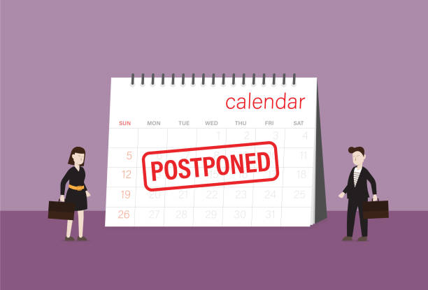 Business people look a postponed rubber stamp on a calendar Business event, Meeting, Problem, Working, Travel postponed stock illustrations