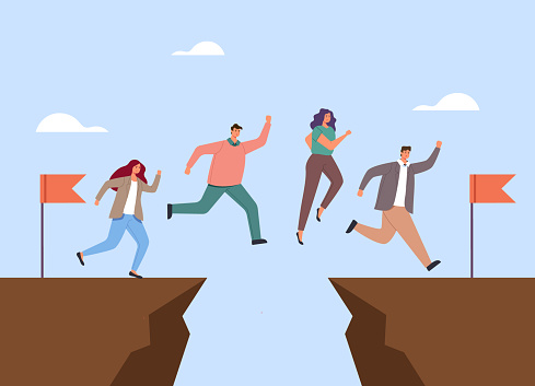 Business people office workers characters jumping above gap. Teamwork concept. Vector flat graphic simple illustration