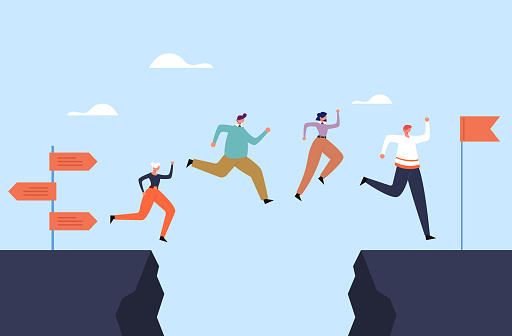 Business people office workers team jump over rock concept. Vector flat graphic design