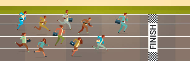 ilustrações, clipart, desenhos animados e ícones de pessoas de negócios correndo sprint rastrear conceito de concorrência plana e horizontal - metas