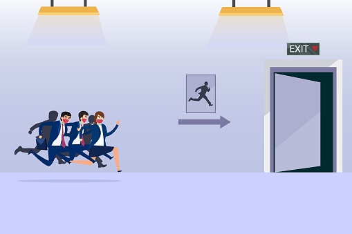 Business people runs toward an exit door 2D flat vector