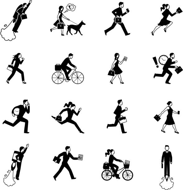 Monochrome flat icons set of hurrying business men and women in suits...