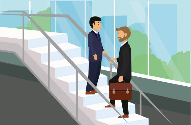 illustrazioni stock, clip art, cartoni animati e icone di tendenza di uomini d'affari in piedi sulle scale a parlare. - corridoio ufficio