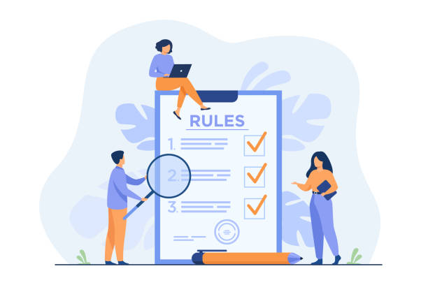 Business people studying list of rules Business people studying list of rules, reading guidance, making checklist. Vector illustration for company order, restrictions, law, regulations concept guide occupation stock illustrations