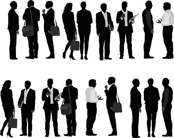 Business People Talking A vector silhouette illustration of many business men and business women. business silhouettes stock illustrations