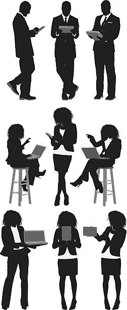 Business people using technology Business people using technologyhttp://www.twodozendesign.info/i/1.png laptop silhouettes stock illustrations