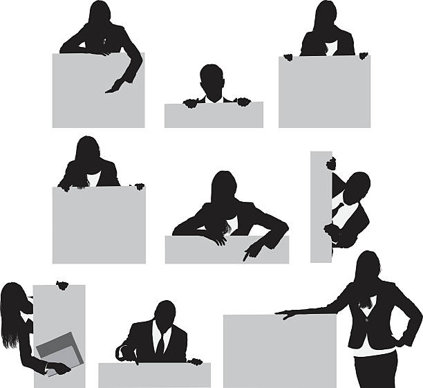 Business people with placard Business people with placardhttp://www.twodozendesign.info/i/1.png newspaper silhouettes stock illustrations