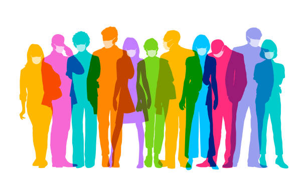 Business people with protective masks Colourful overlapping silhouettes of Professional or Business people with protective masks against Coronavirus Infection. finance silhouettes stock illustrations