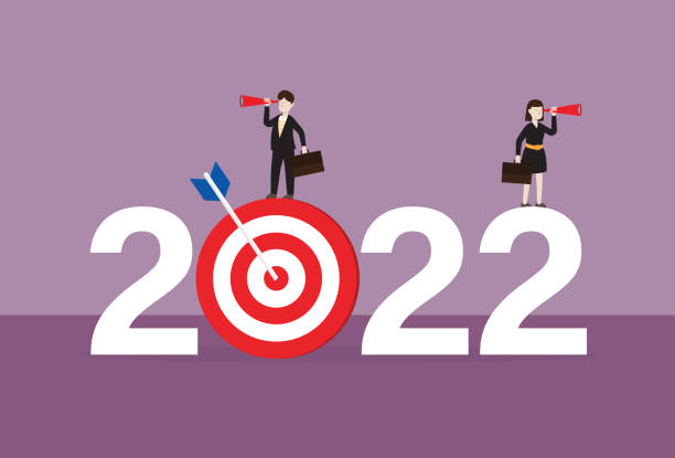 Business people with telescope standing on 2022 vector art illustration